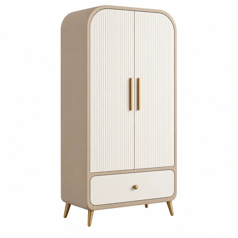 Kleiderschrank 80 x 45 x 180 cm aus Holzwerkstoff Beige Weiß mit geriffelten Türen und Schublade