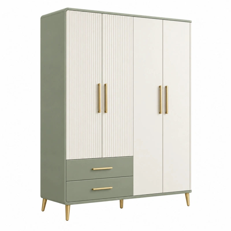 Kleiderschrank 120 x 50 x 190 cm in Salbeigrün und Creme mit 4 Türen 2 Schubladen und geriffelter Front