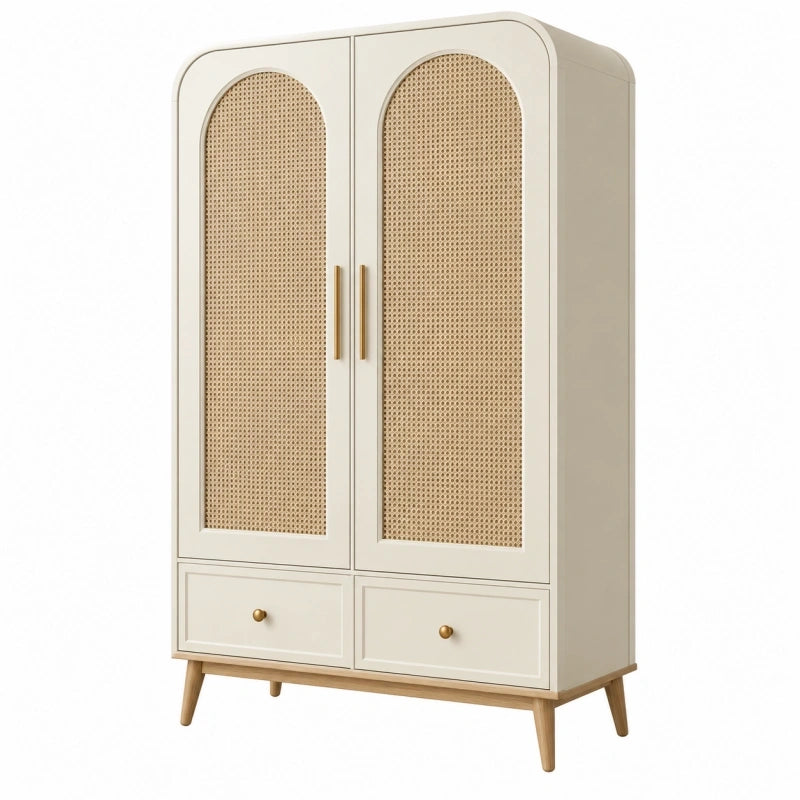 Kleiderschrank 100 x 50 x 190 cm Holz Rattan Beige mit 2 Türen und 2 Schubladen