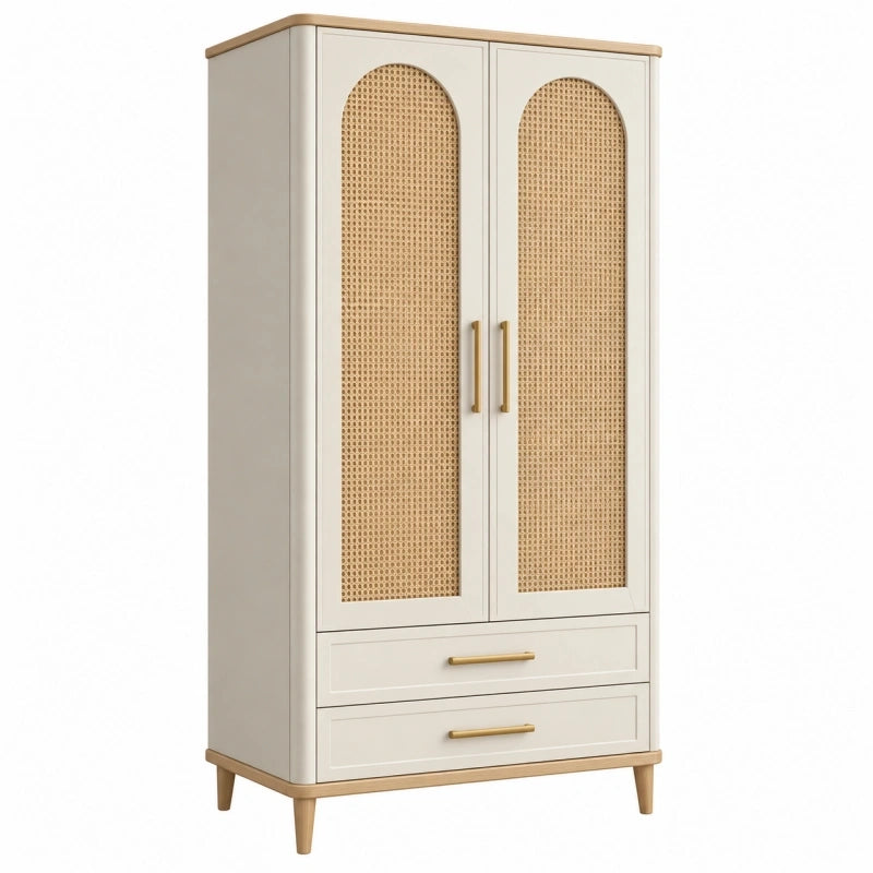 Kleiderschrank 90 x 50 x 180 cm in Creme mit Rattangeflecht im Retro-Stil