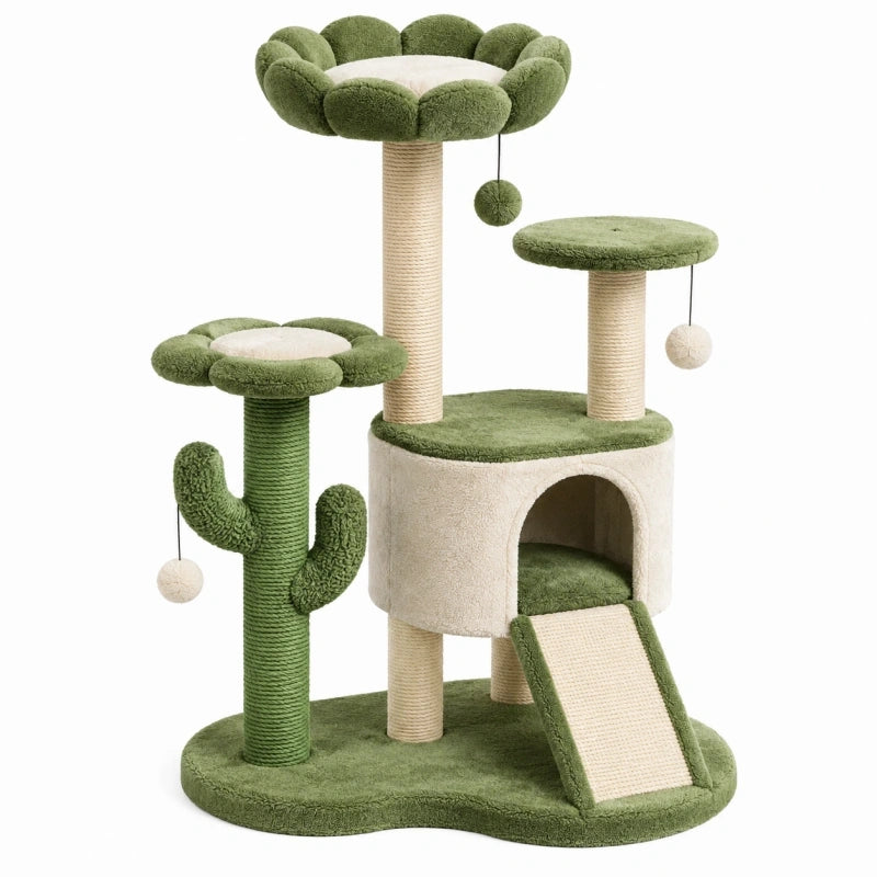 Kratzbaum 60 x 50 x 100 cm aus Plüsch und Sisal Grün Creme mit Höhle Rampe und Liegeflächen