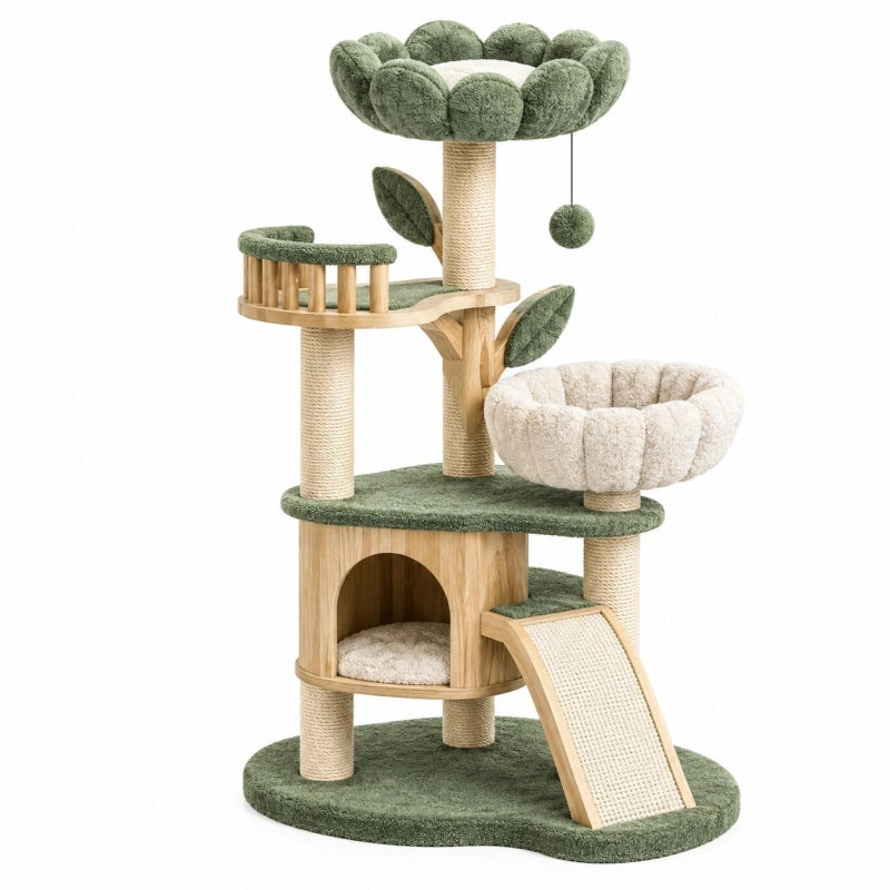 Kratzbaum 60 x 50 x 135 cm aus Holz Sisal und Plüsch Grün Beige mit Höhlen Liegeflächen und Kratzrampe