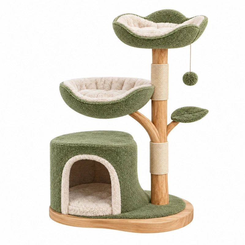 Kratzbaum 60 x 50 x 120 cm aus Holz und Sisal in Grün mit Katzenhöhle Liegeflächen und Spielball