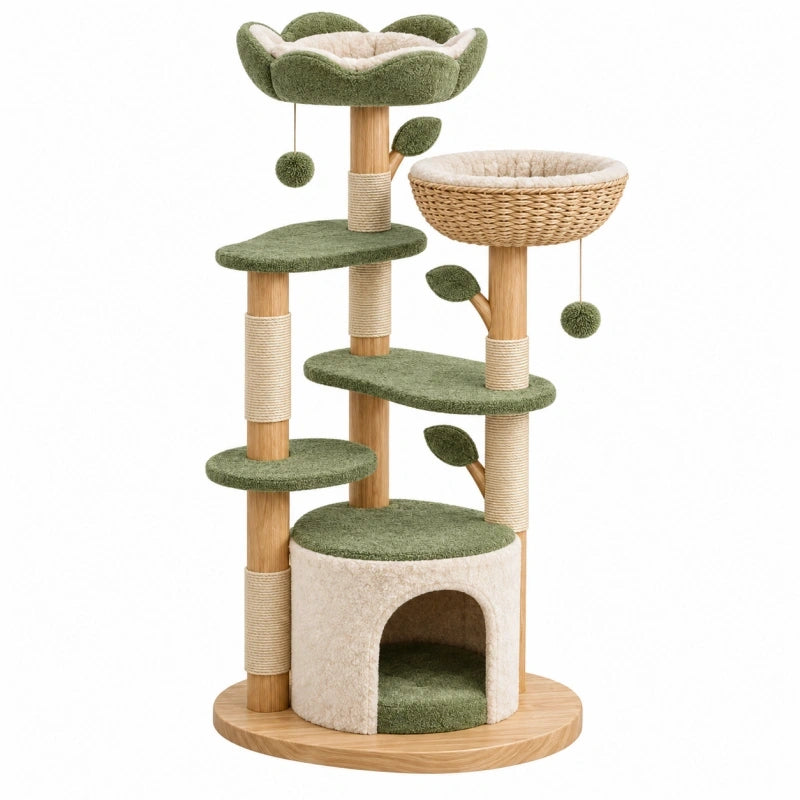 Kratzbaum 60 x 60 x 150 cm aus Holz und Sisal Grün Beige mit Liegeflächen