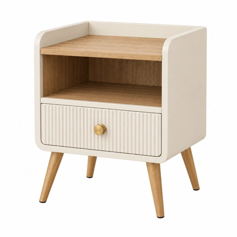 Nachttisch 45 x 40 x 60 cm aus Holzwerkstoff in Creme und Naturholz mit Schublade skandinavisch