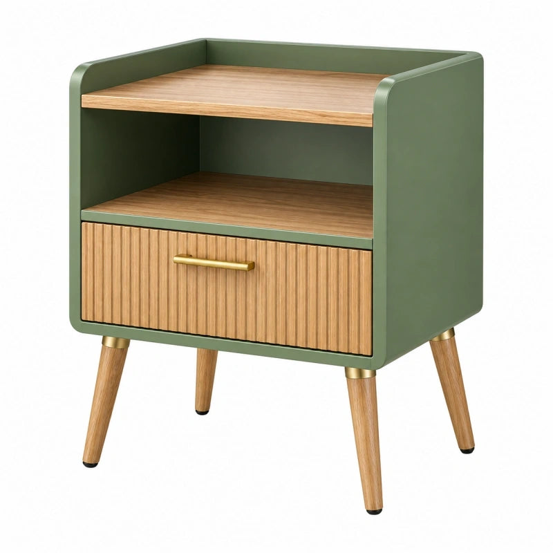 Nachttisch 45 x 40 x 65 cm aus Holzwerkstoff Olivgrün Naturholz mit Schublade im Mid-Century-Stil