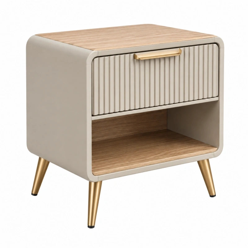 Nachttisch 50 x 40 x 60 cm aus Holzwerkstoff in Beige mit Holzdekor und Metallfüßen - mit Schublade und offenem Fach