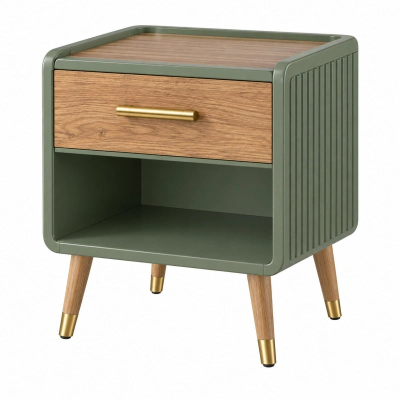 Nachttisch 45 x 40 x 58 cm aus Holz und Metall in Grün mit Schublade im Retro-Stil