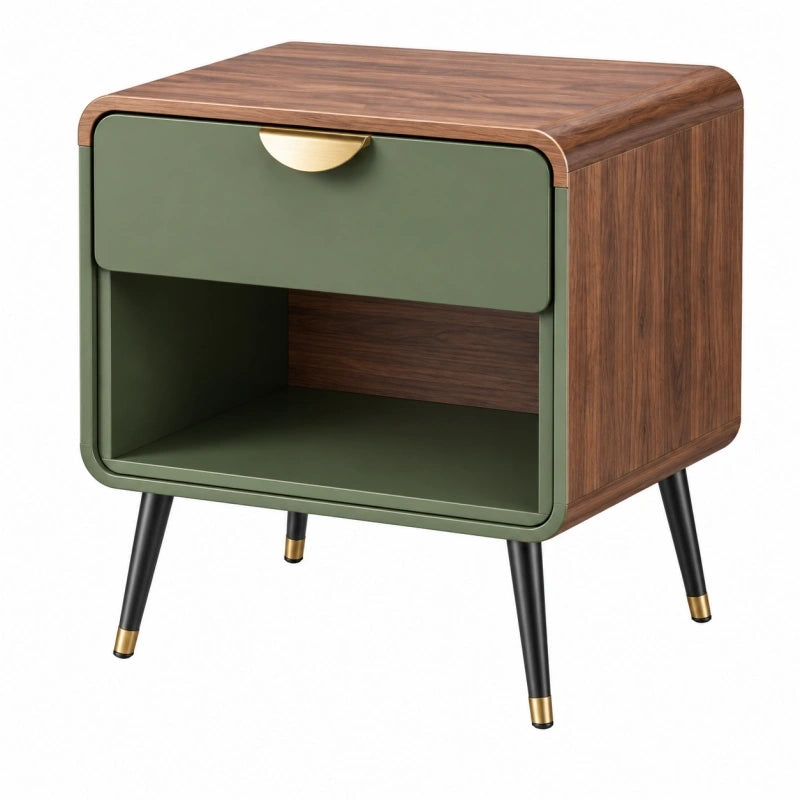 Nachttisch 50 x 40 x 55 cm Holzwerkstoff Grün Walnussfarben mit Schublade im Mid-Century-Stil