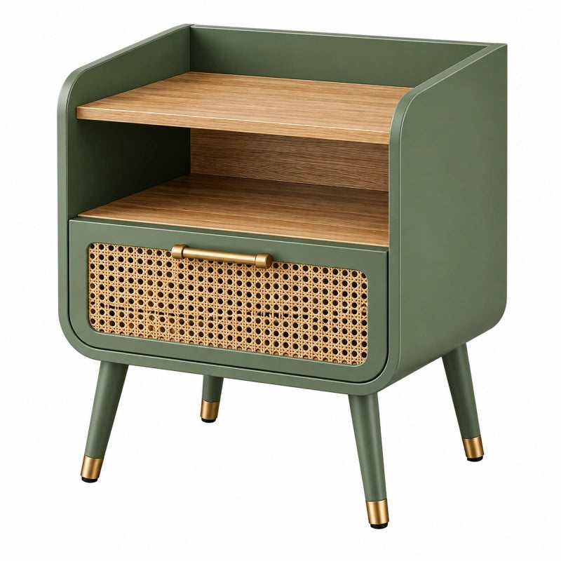 Nachttisch 50 x 40 x 65 cm aus Holzwerkstoff in Grün mit Rattangeflecht Retro-Stil