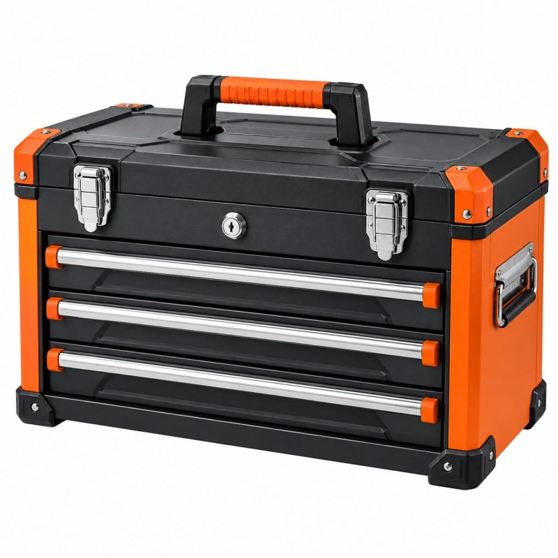 Werkzeugkoffer 50 cm aus Metall Schwarz Orange mit 3 Schubladen und Tragegriff