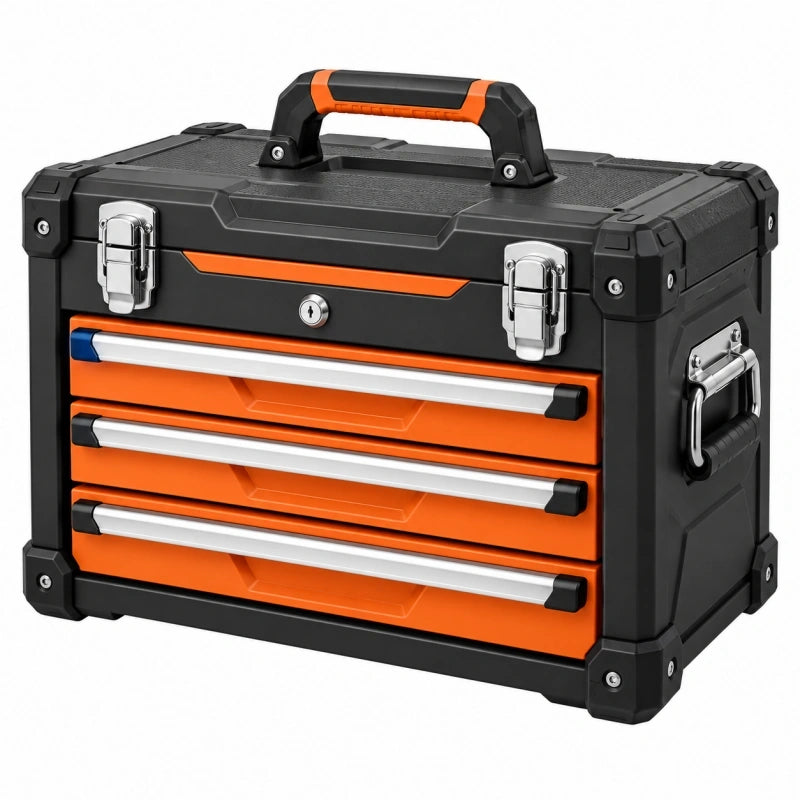 Werkzeugkoffer 50 x 25 x 30 cm Kunststoff Metall Schwarz Orange mit 3 Schubladen und Tragegriff