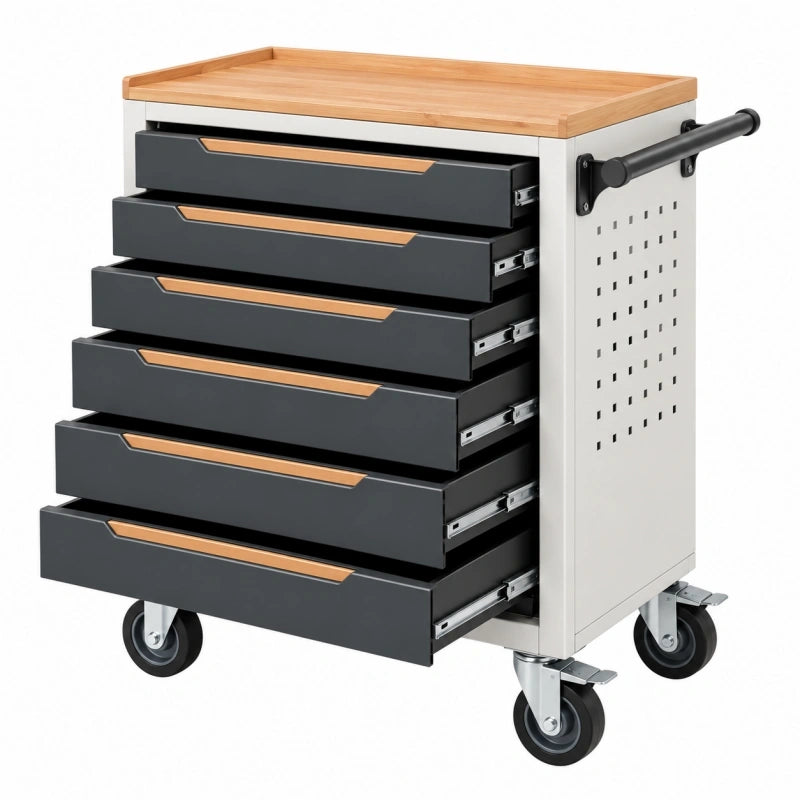 Werkzeugwagen 77 x 46 x 97 cm Stahl Schwarz mit Bambusplatte und 6 Schubladen