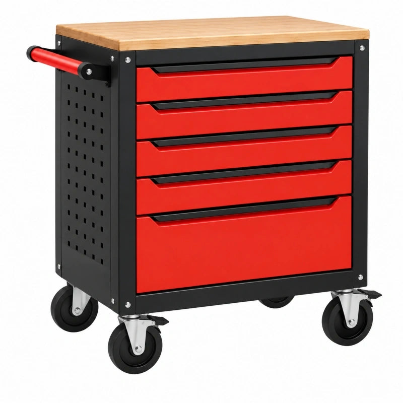 Werkstattwagen 76 x 46 x 96 cm aus Stahl Rot Schwarz mit 5 Schubladen Holzarbeitsplatte und Rollen