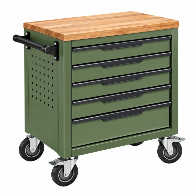 Werkzeugwagen 80 x 45 x 90 cm aus Stahl in Olivgrün mit Holzarbeitsplatte und 5 Schubladen