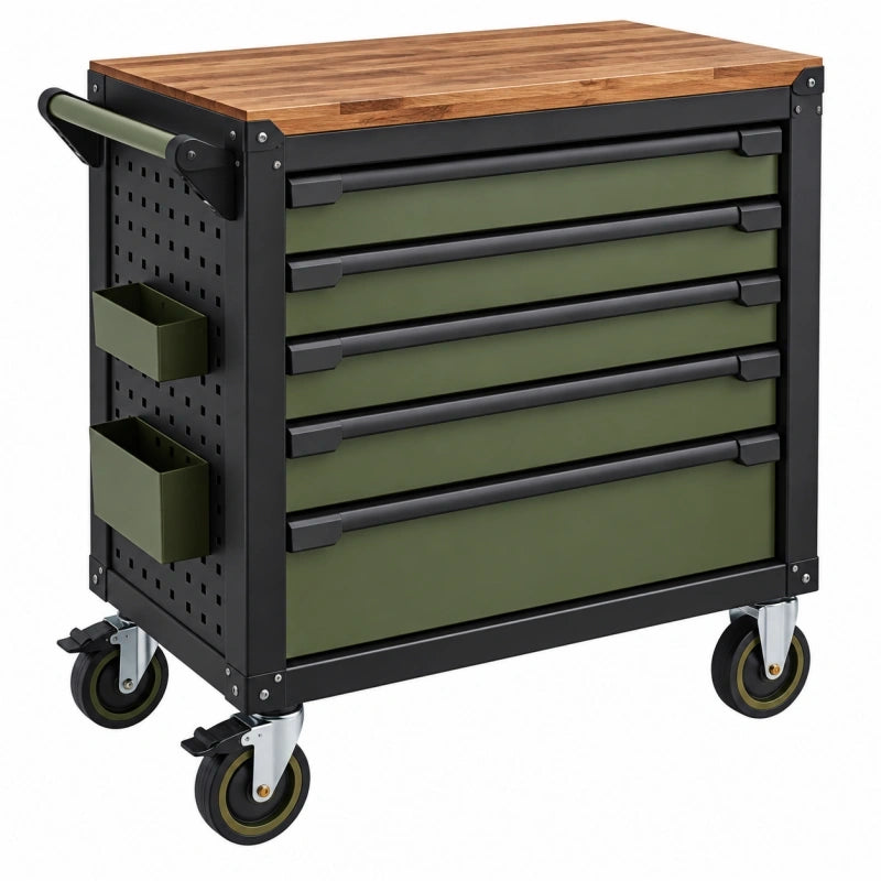 Werkstattwagen 77 x 46 x 97 cm Stahl Holz Grün Schwarz mit 5 Schubladen