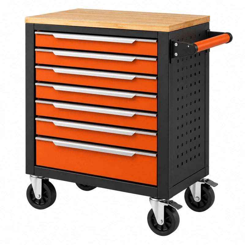 Werkstattwagen 77 cm Metall Schwarz Orange mit Holzarbeitsplatte und 7 Schubladen