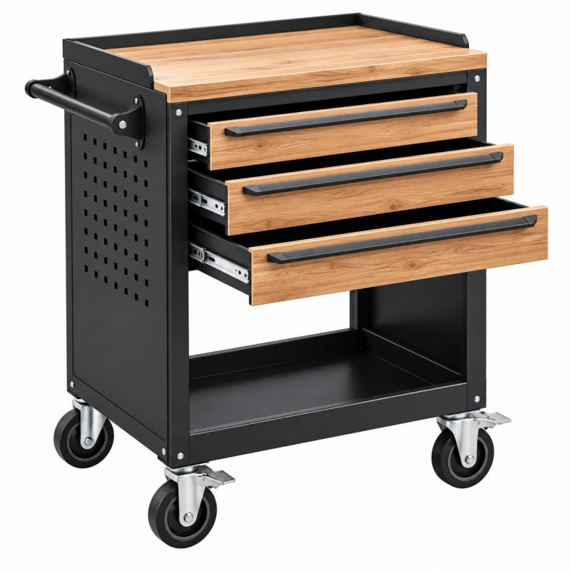 Werkzeugwagen 85 x 45 x 95 cm Stahl Holzoptik mit 3 Schubladen