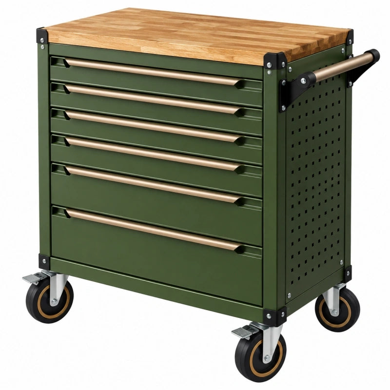 Werkzeugwagen 72 cm Stahl Holz Grün mit 7 Schubladen und Rollen