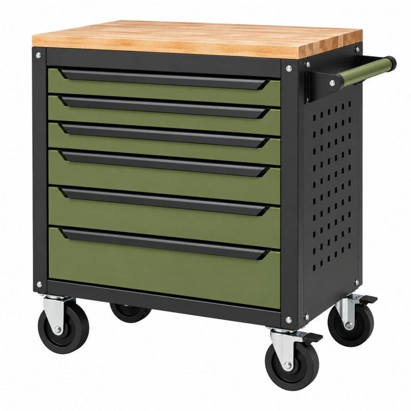 Werkstattwagen 72 x 46 x 88 cm aus Stahl in Olivgrün mit Holzarbeitsplatte und 6 Schubladen
